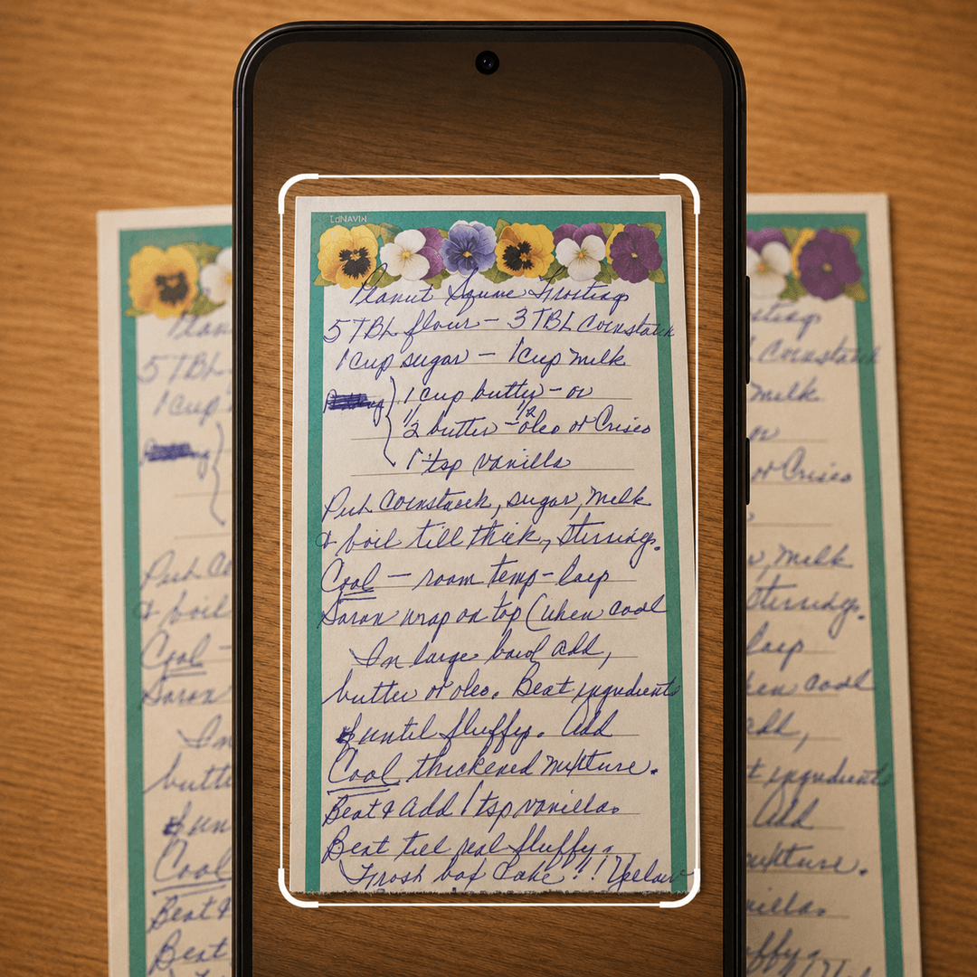 Phone scanning Grandma's handwritten frosting recipe card