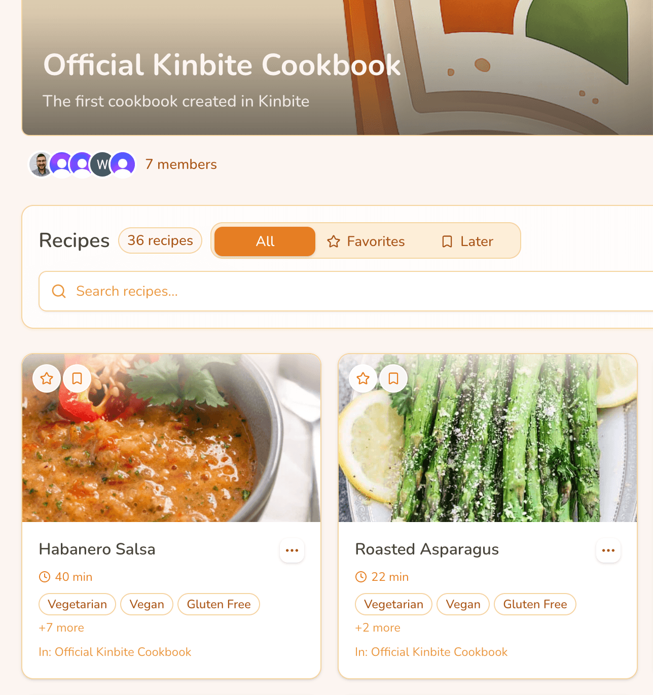 Kinbite shared cookbook page with members, search, filters, and recipe cards