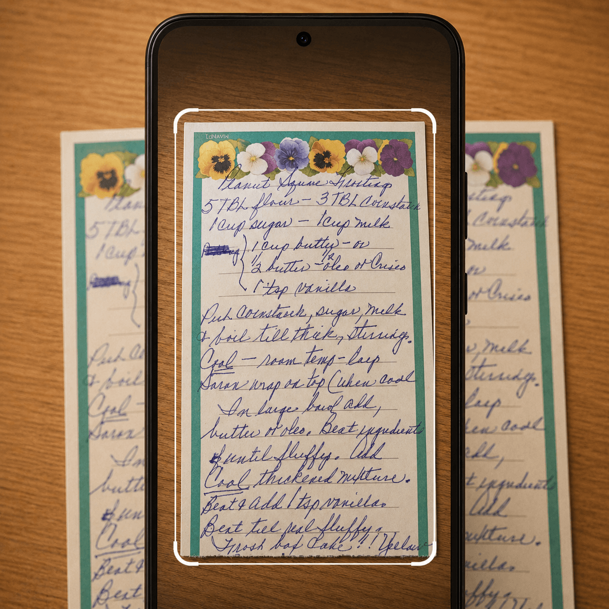 Phone scanning Grandma's handwritten frosting recipe card