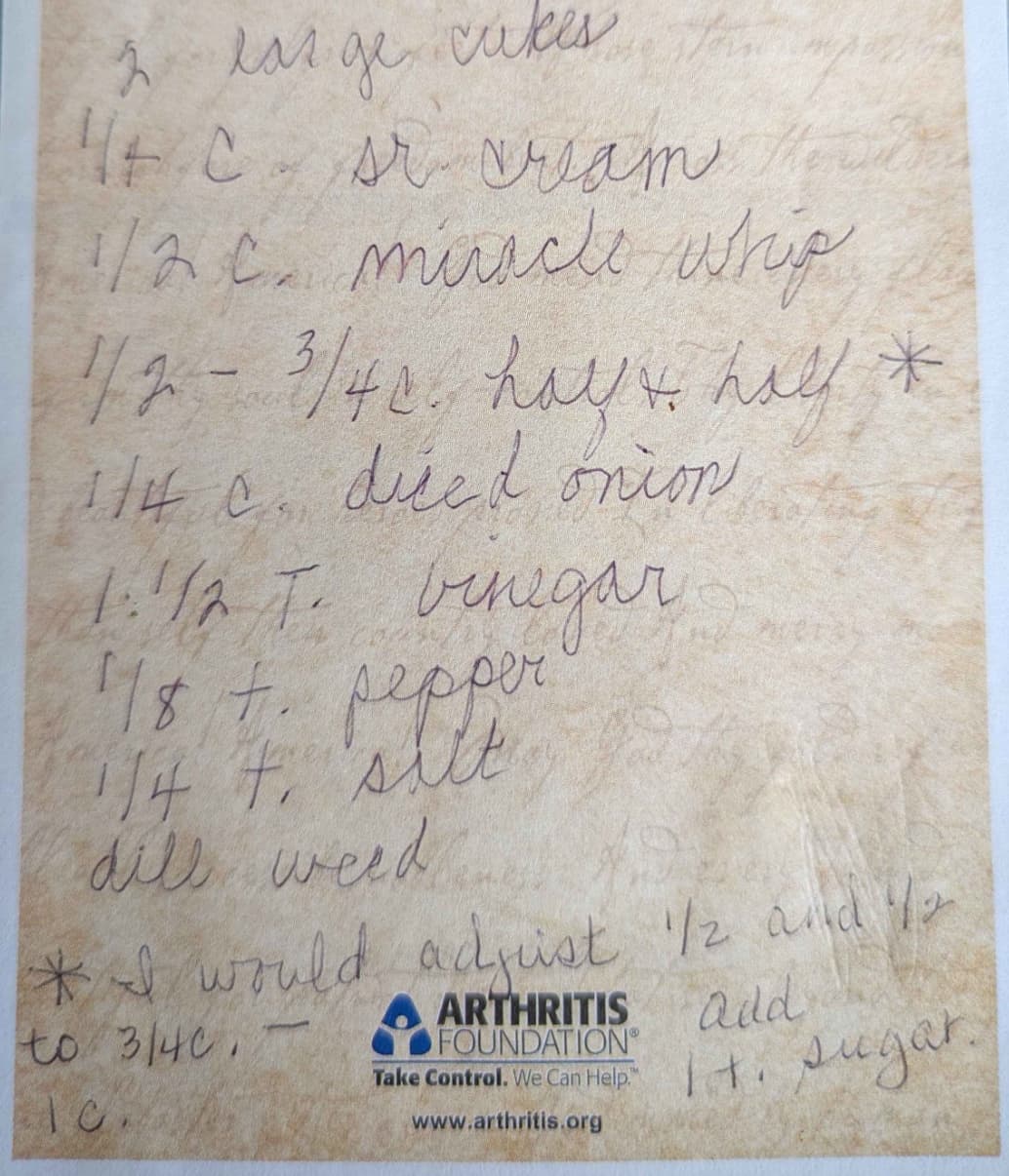 Original handwritten family recipe card for creamed cukes