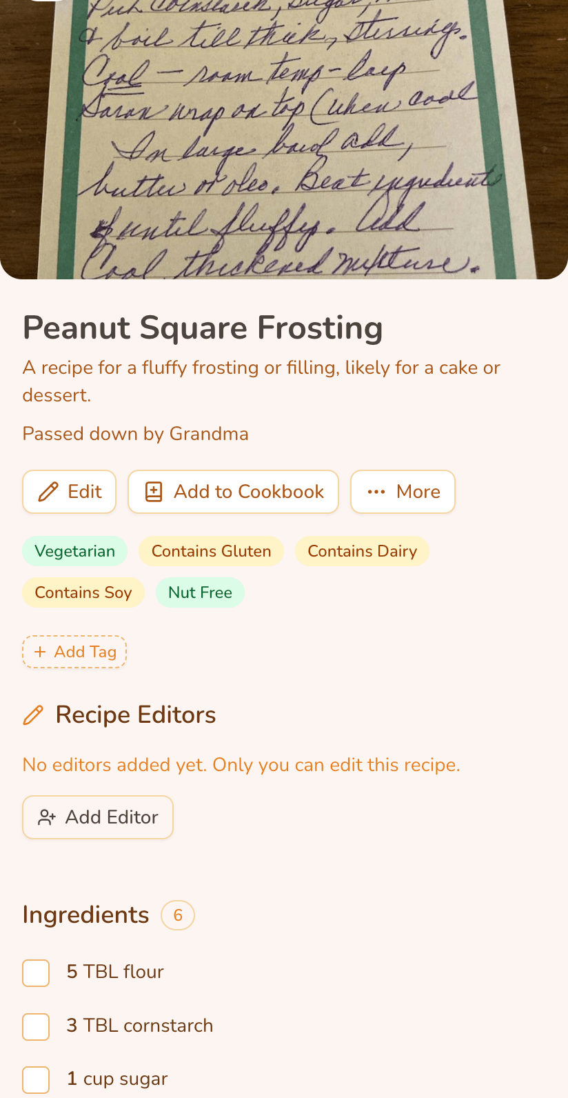 Imported Kinbite recipe page for Peanut Square Frosting