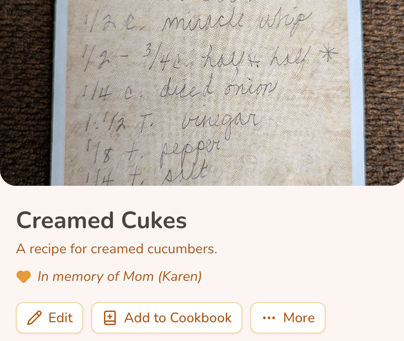 Kinbite recipe page for Creamed Cukes saved in memory of Mom