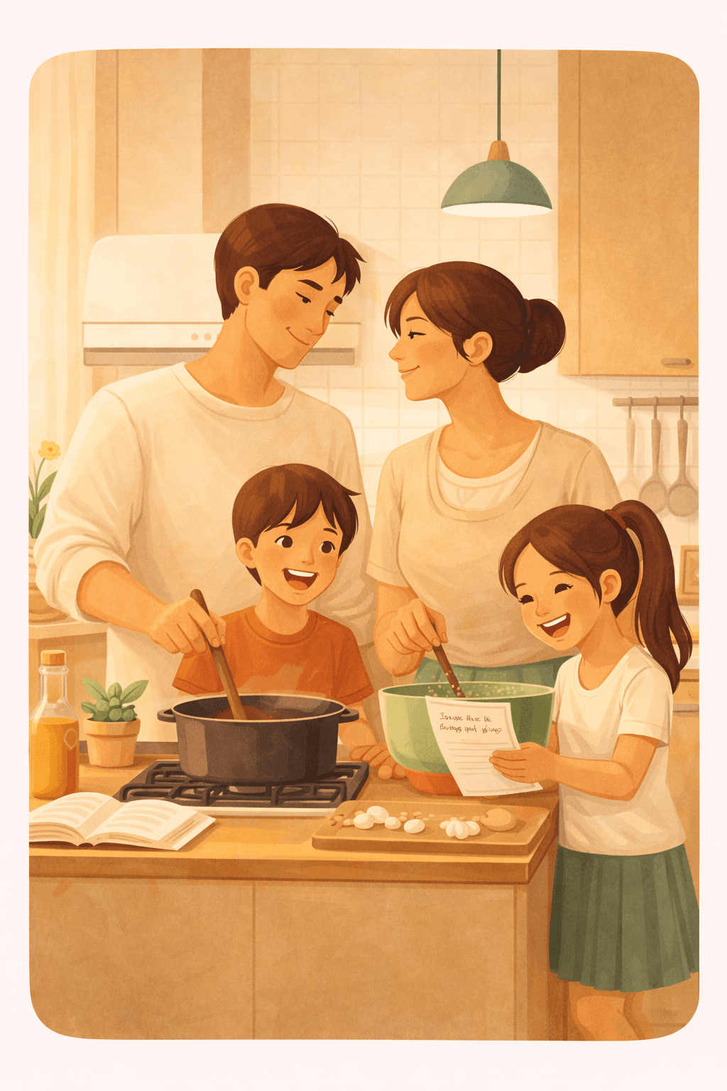 Family cooking together in a warm kitchen