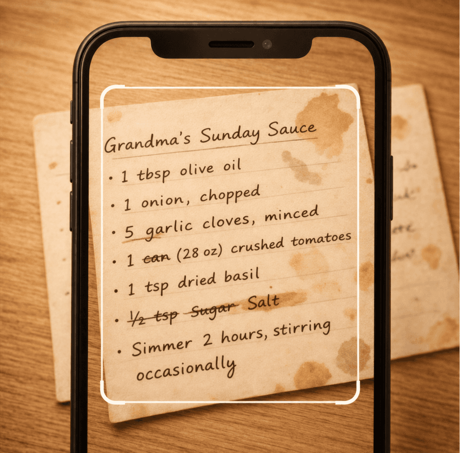 Handwritten recipe card being scanned