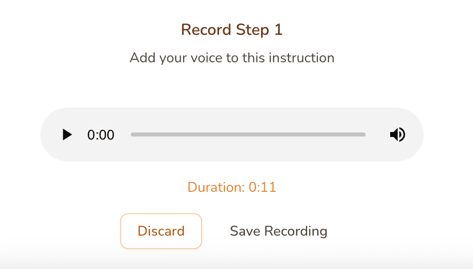 Kinbite playback screen for a saved recipe voice recording