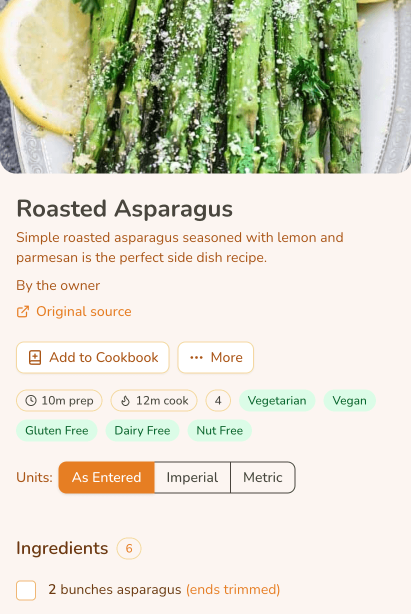 Kinbite recipe detail preview for roasted asparagus