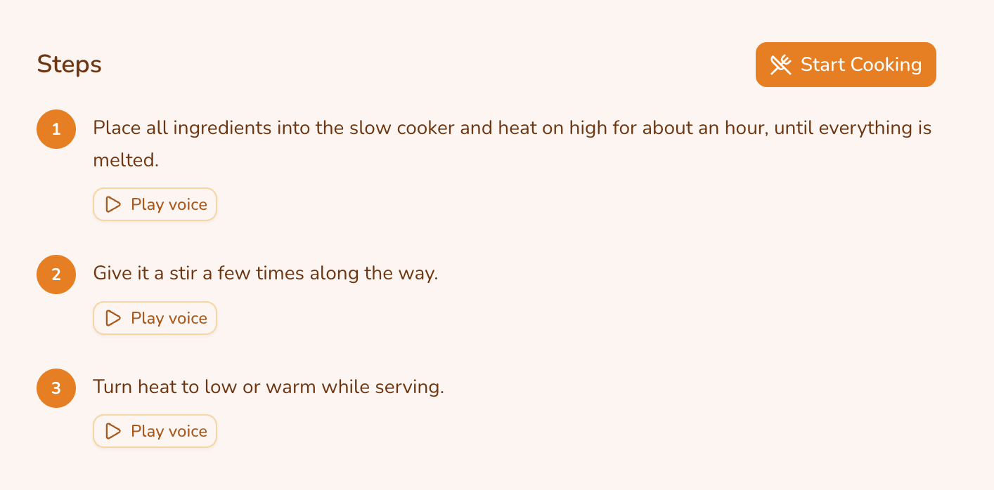 Kinbite recipe steps with play voice buttons attached to each instruction