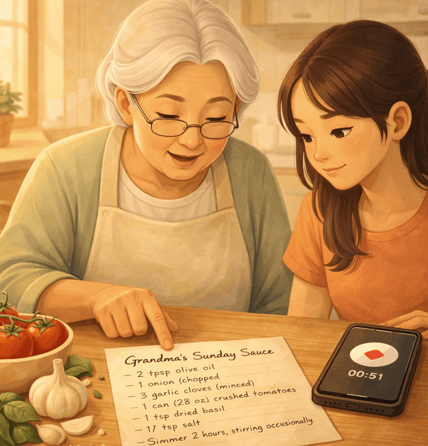Family member recording a voice walkthrough of a recipe